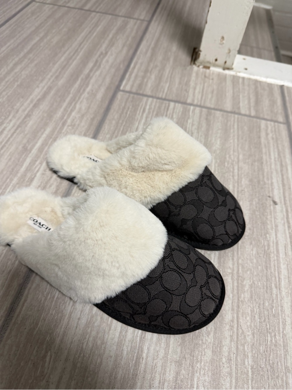 Coach Black Signature Clog Slippers with Cream Faux-Fur Trim
